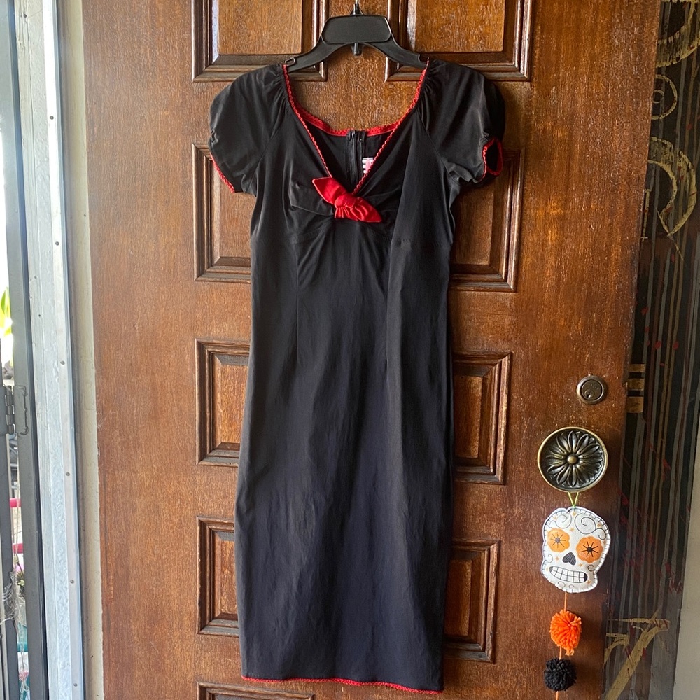 Pinup Couture Black Dress with Red Bow Detail